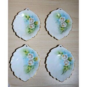Lot Of 4 Vintage Miniature Leaf Shaped With Panted Roses Trinket Dishes